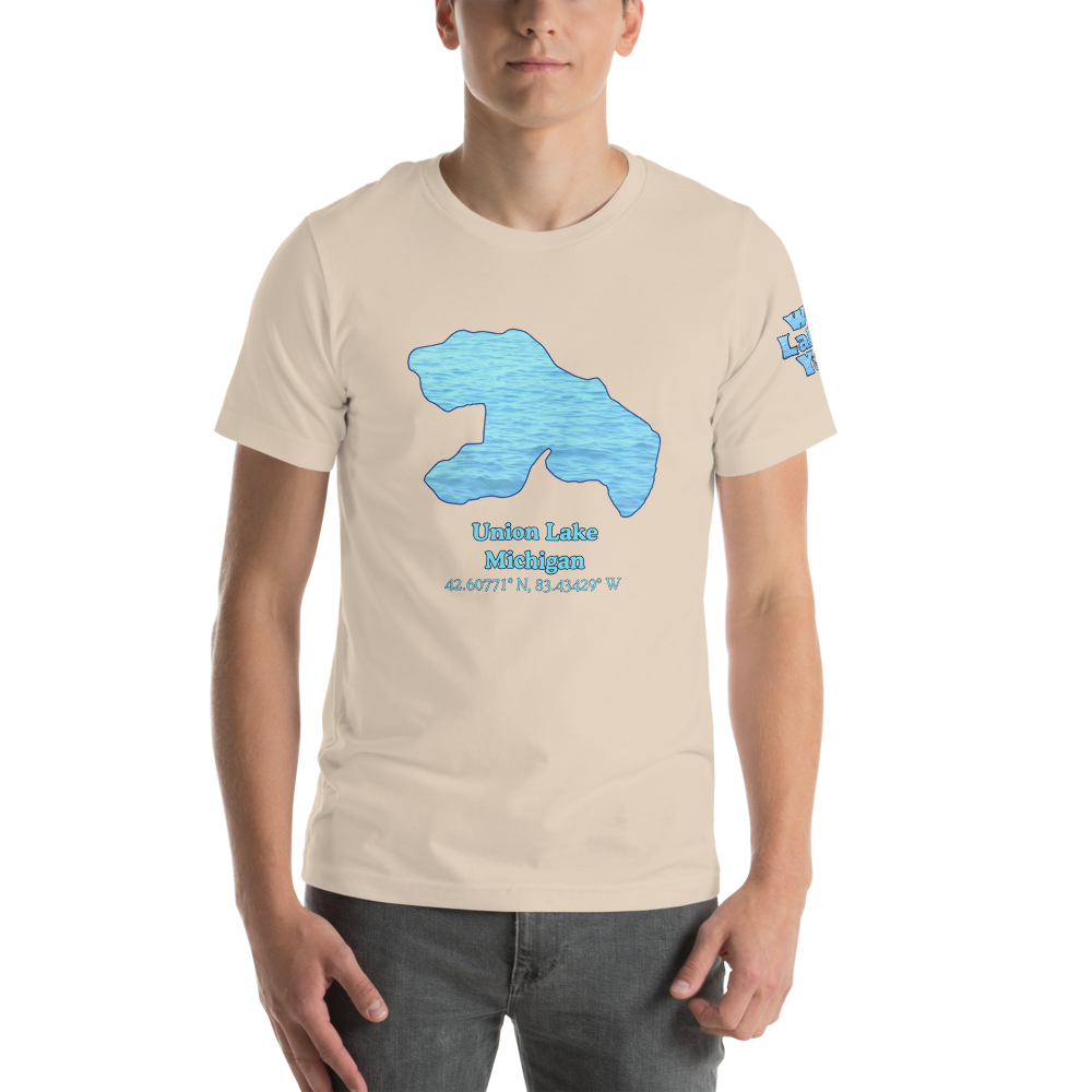 Premium Unisex T-shirt with Union Lake on front and We Lake You on sleeve