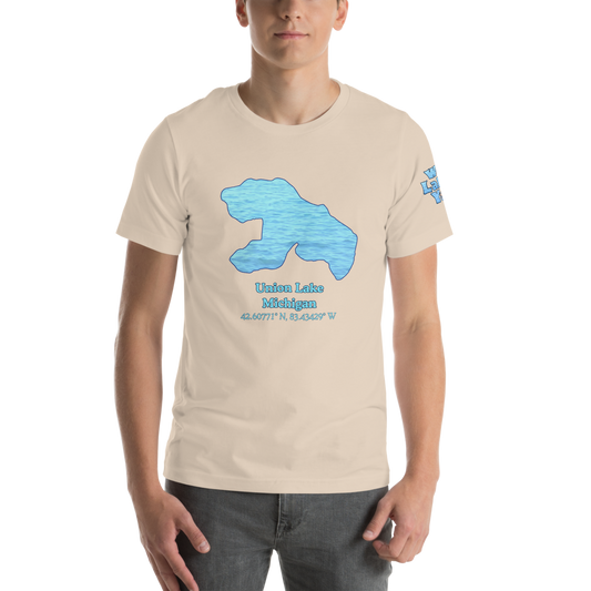 Premium Unisex T-shirt with Union Lake on front and We Lake You on sleeve