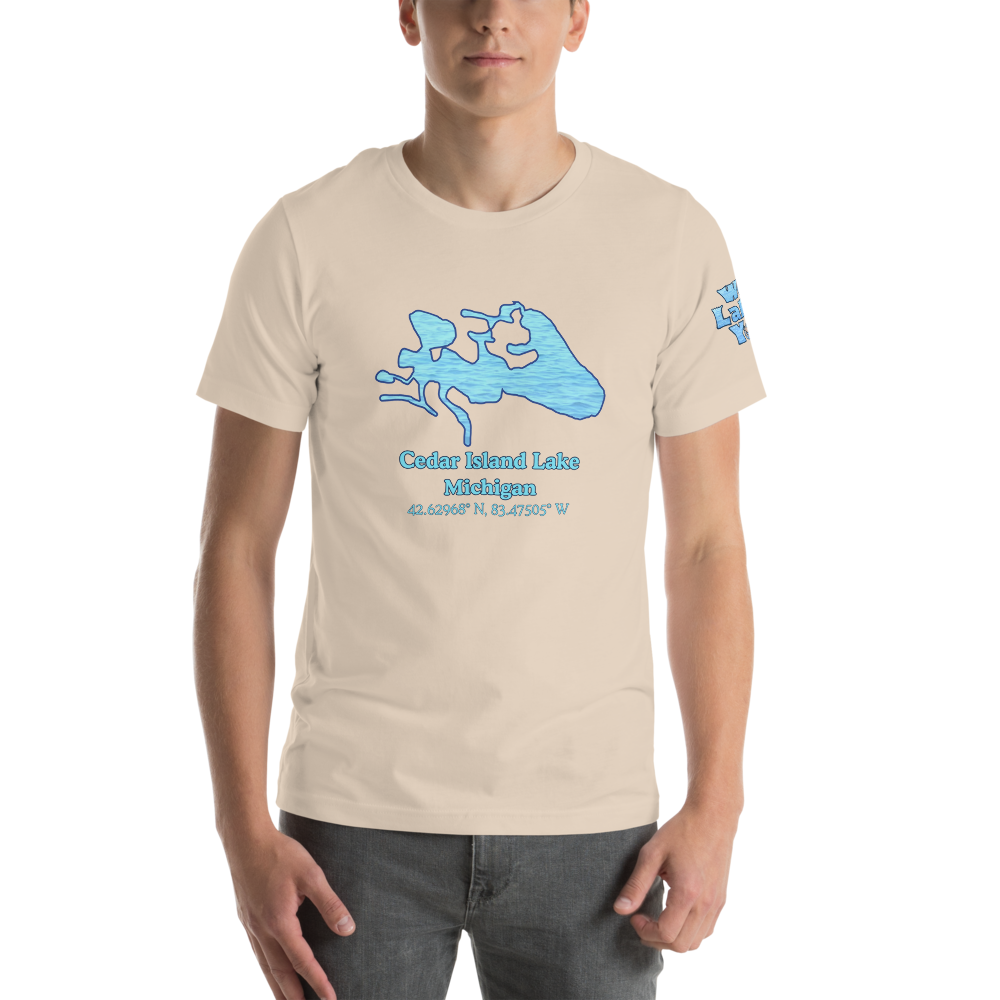 Premium Unisex T-shirt with Cedar Island Lake on front and We Lake You on sleeve