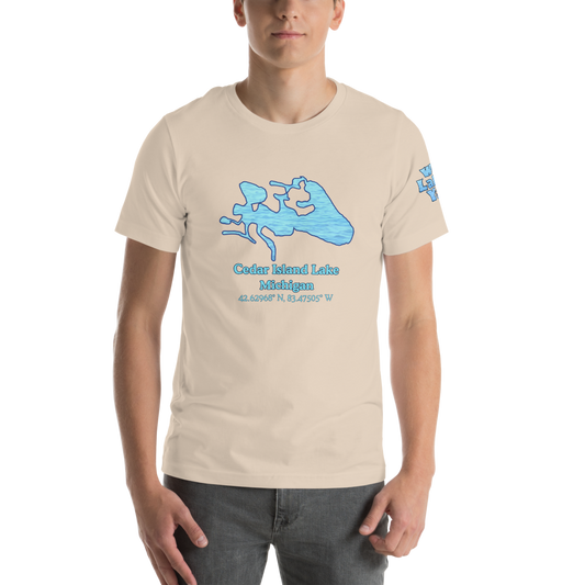 Premium Unisex T-shirt with Cedar Island Lake on front and We Lake You on sleeve