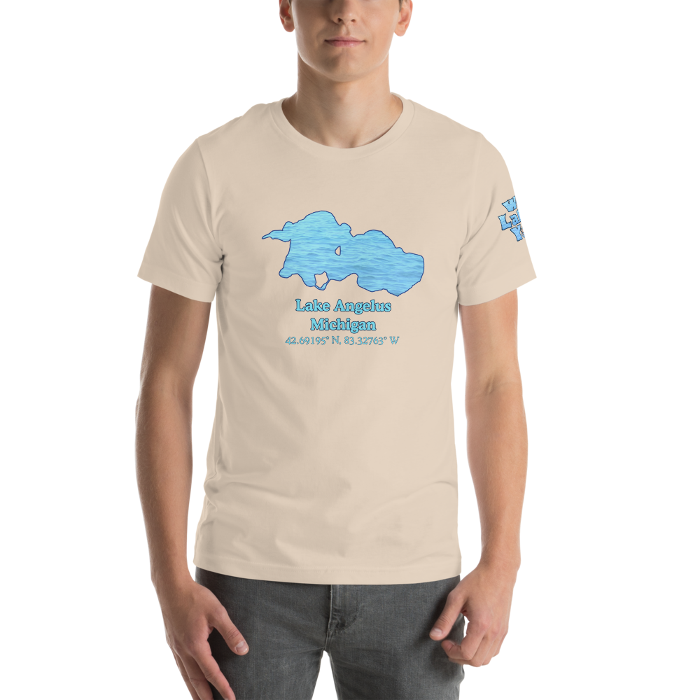Premium Unisex T-shirt with Lake Angelus on front and We Lake You on sleeve