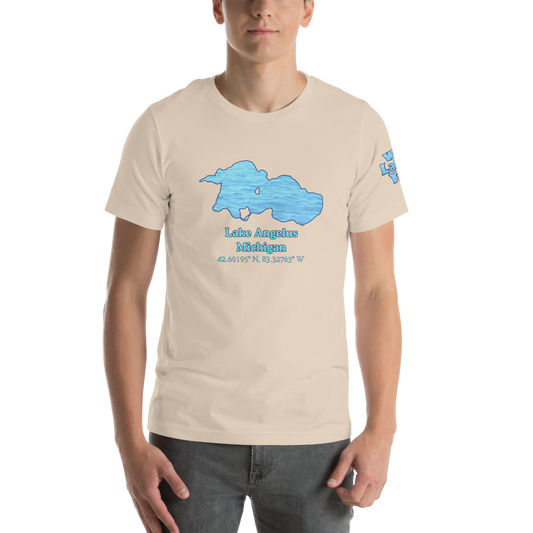 Premium Unisex T-shirt with Lake Angelus on front and We Lake You on sleeve