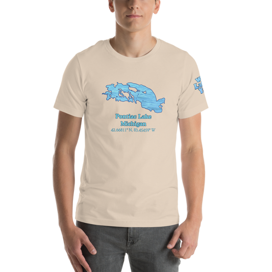 Premium Unisex T-shirt with Pontiac Lake on front and We Lake You on sleeve