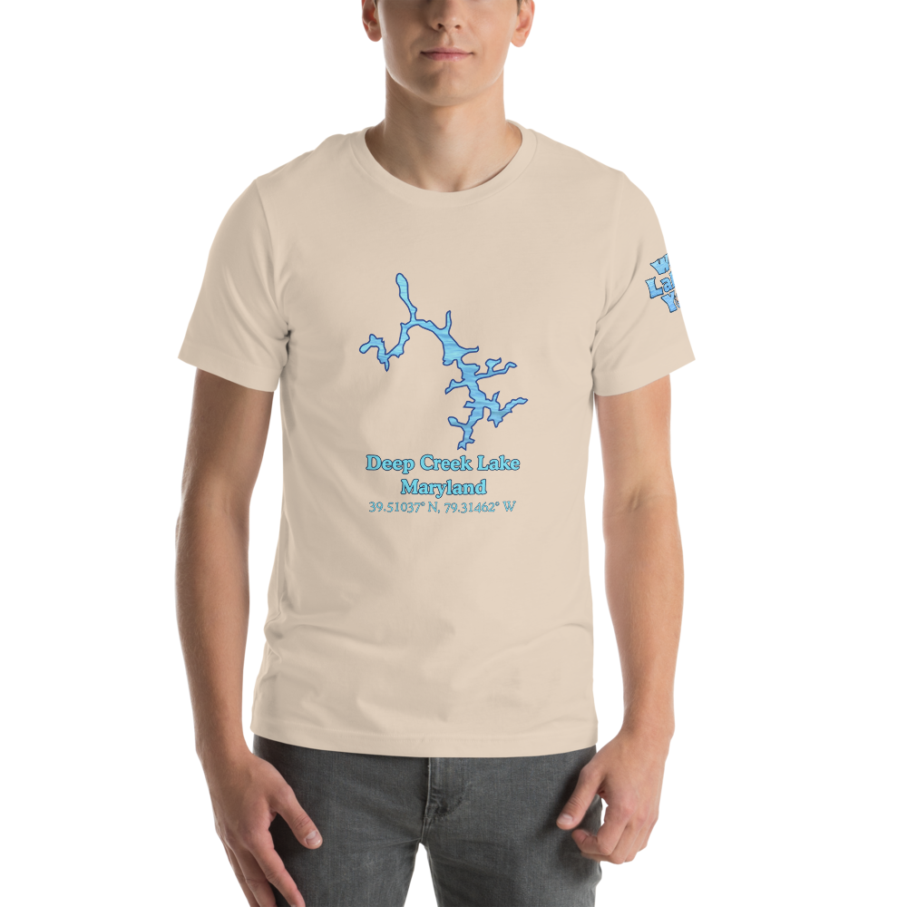 Premium Unisex T-shirt with Deep Creek Lake on front and We Lake You on sleeve