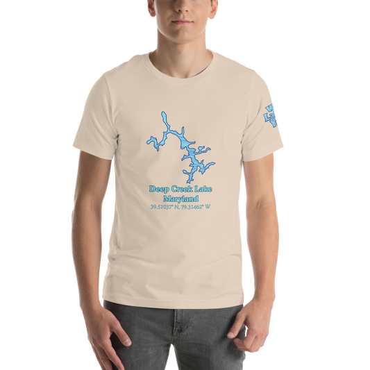 Premium Unisex T-shirt with Deep Creek Lake on front and We Lake You on sleeve