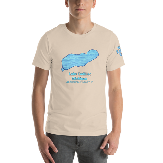 Premium Unisex T-shirt with Lake Cadillac on front and We Lake You on sleeve