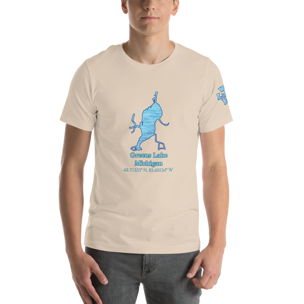 Premium Unisex T-shirt with Greens Lake on front and We Lake You on sleeve