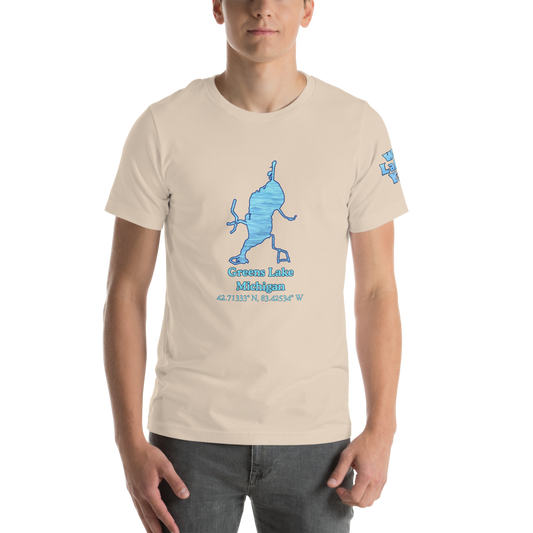 Premium Unisex T-shirt with Greens Lake on front and We Lake You on sleeve