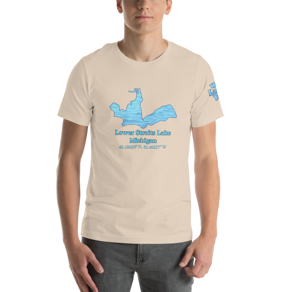 Premium Unisex T-shirt with Lower Straits Lake on front and We Lake You on sleeve