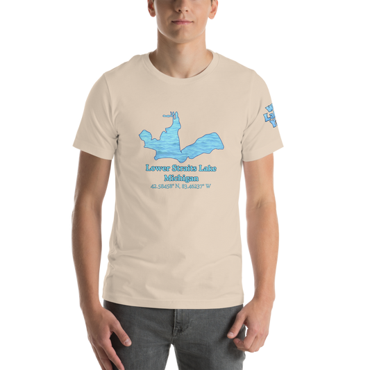 Premium Unisex T-shirt with Lower Straits Lake on front and We Lake You on sleeve