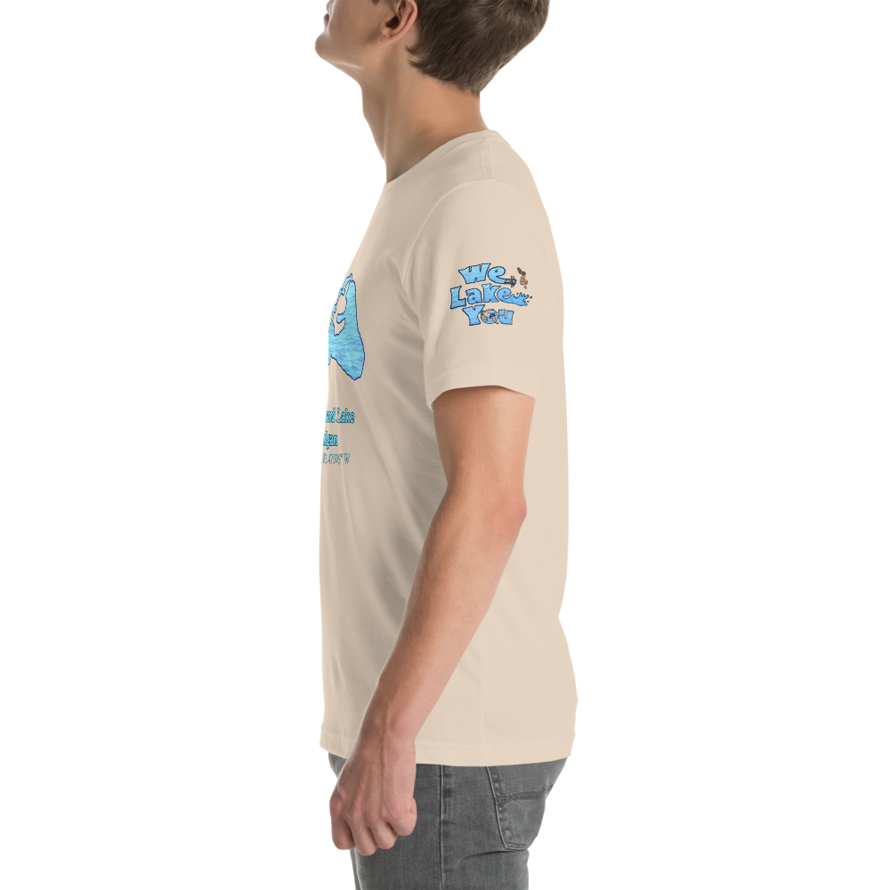 Premium Unisex T-shirt with Cedar Island Lake on front and We Lake You on sleeve