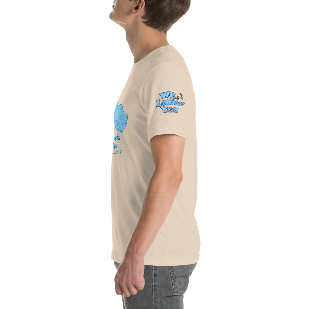 Premium Unisex T-shirt with Lake Angelus on front and We Lake You on sleeve