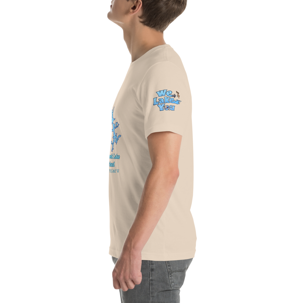Premium Unisex T-shirt with Deep Creek Lake on front and We Lake You on sleeve