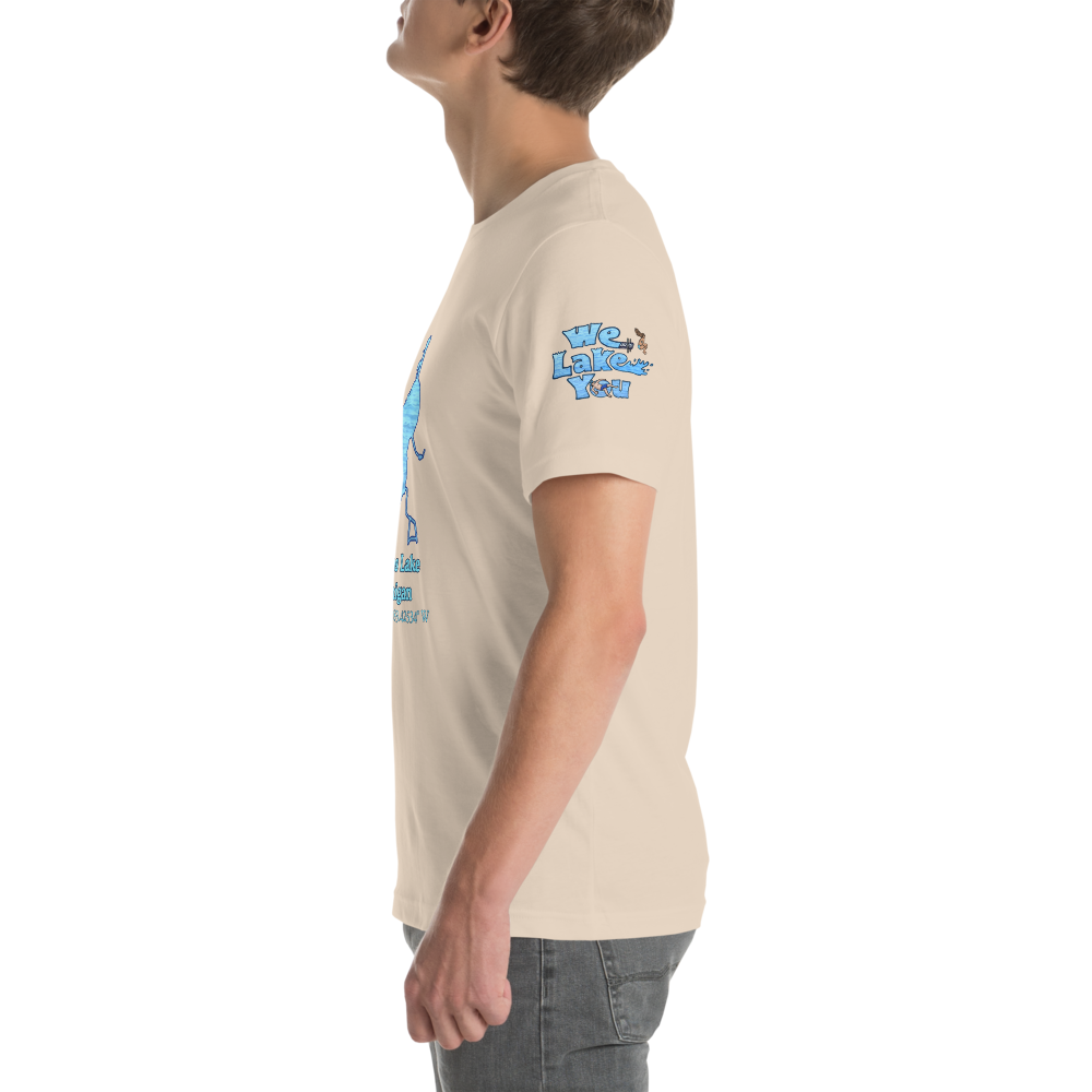 Premium Unisex T-shirt with Greens Lake on front and We Lake You on sleeve