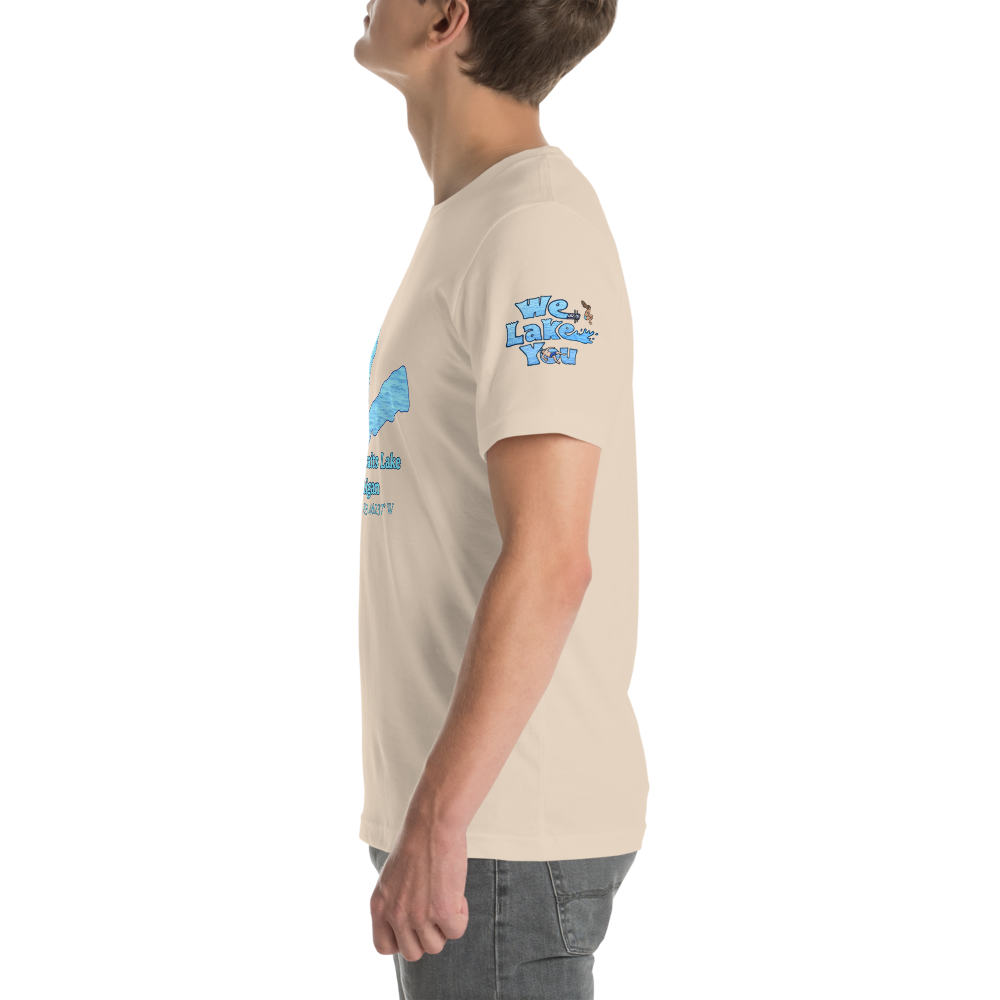 Premium Unisex T-shirt with Lower Straits Lake on front and We Lake You on sleeve