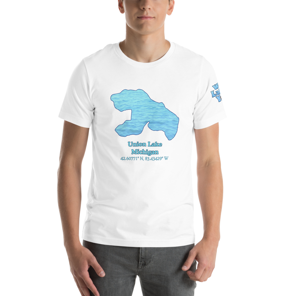 Premium Unisex T-shirt with Union Lake on front and We Lake You on sleeve