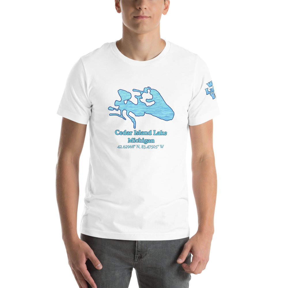 Premium Unisex T-shirt with Cedar Island Lake on front and We Lake You on sleeve