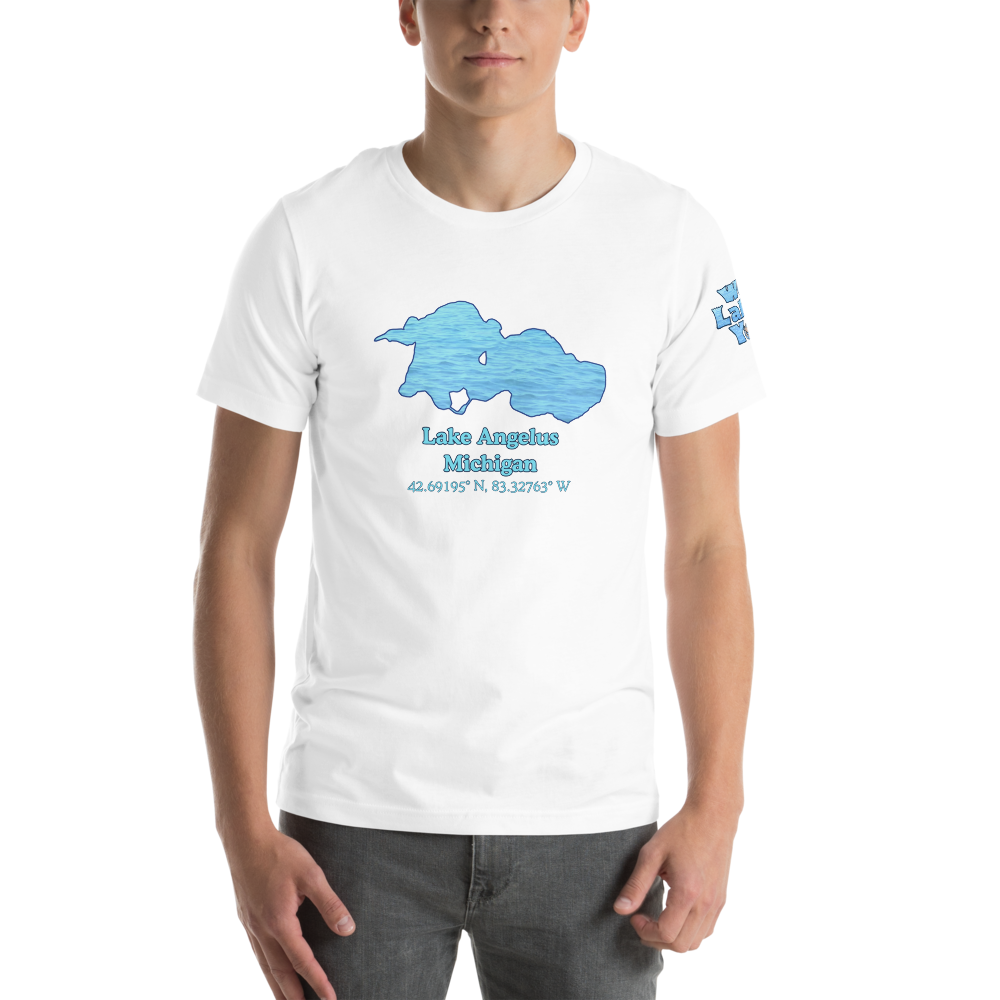 Premium Unisex T-shirt with Lake Angelus on front and We Lake You on sleeve