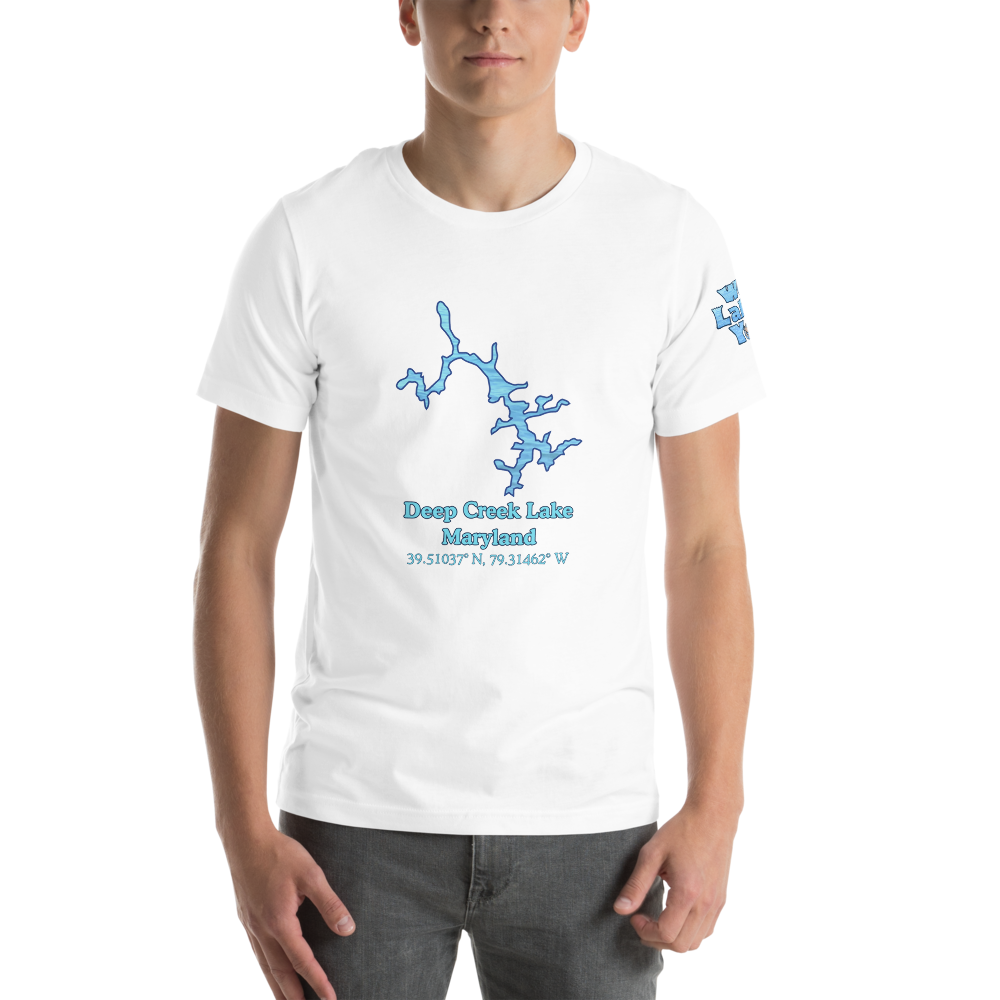 Premium Unisex T-shirt with Deep Creek Lake on front and We Lake You on sleeve