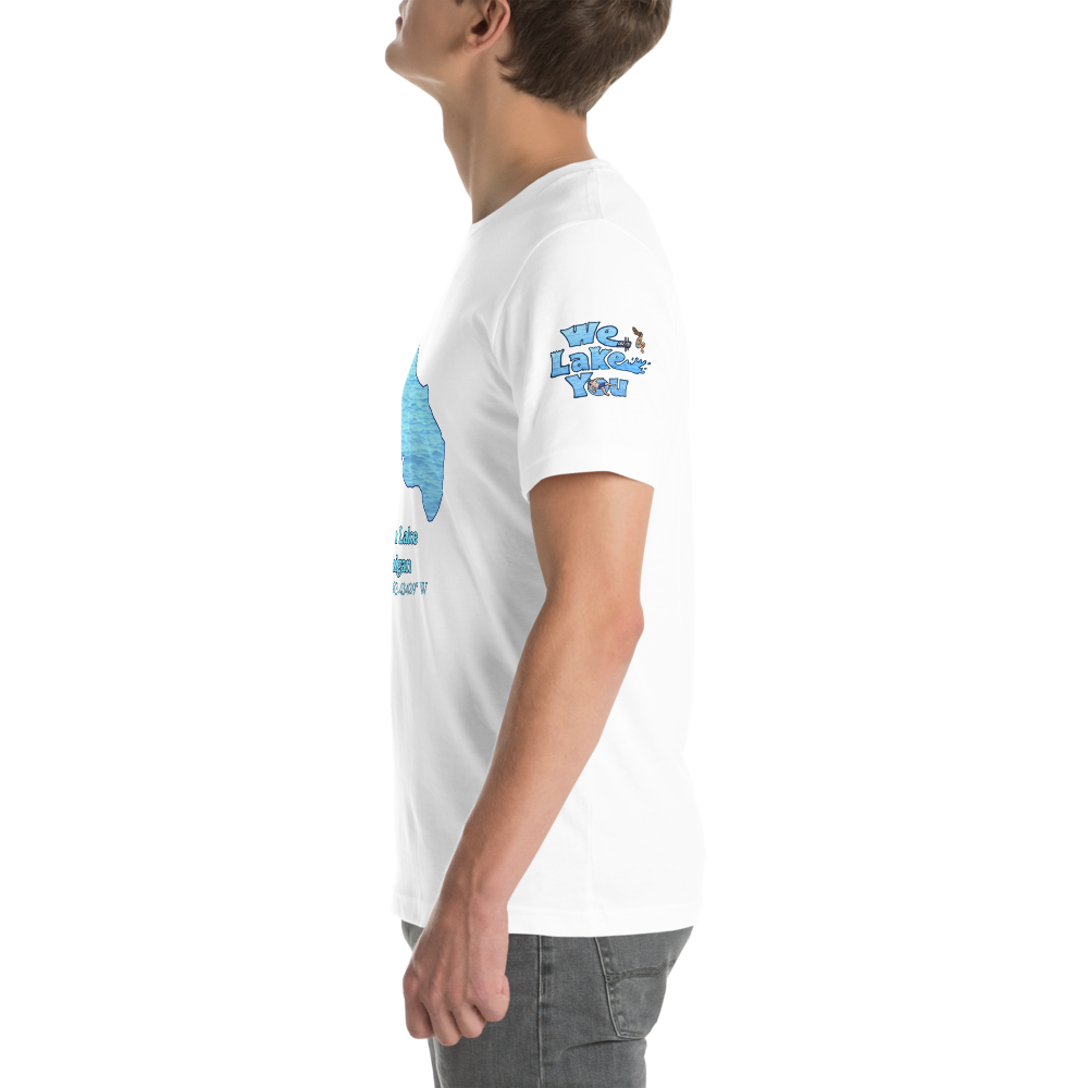 Premium Unisex T-shirt with Union Lake on front and We Lake You on sleeve