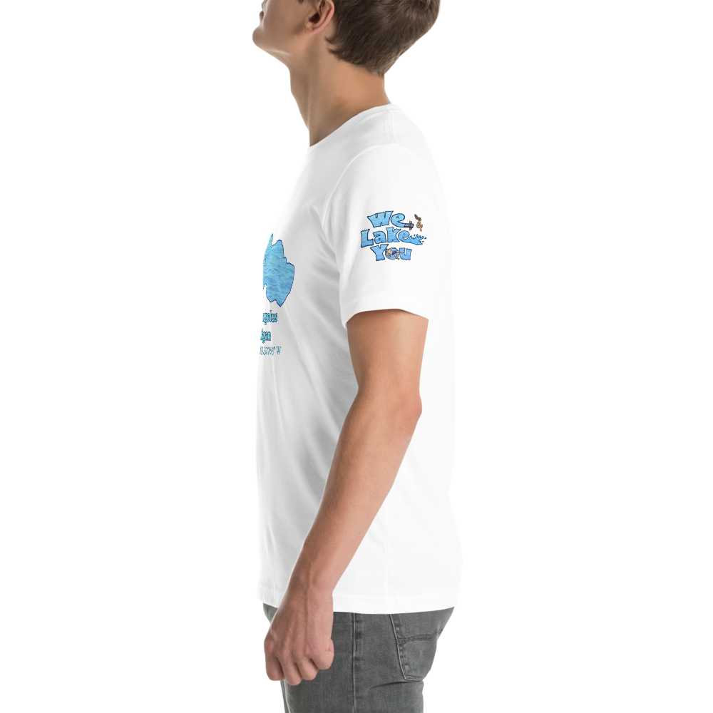 Premium Unisex T-shirt with Lake Angelus on front and We Lake You on sleeve