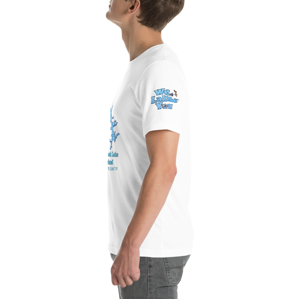 Premium Unisex T-shirt with Deep Creek Lake on front and We Lake You on sleeve