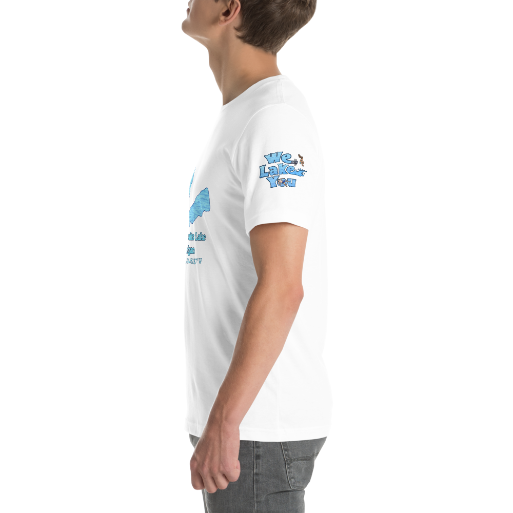 Premium Unisex T-shirt with Lower Straits Lake on front and We Lake You on sleeve