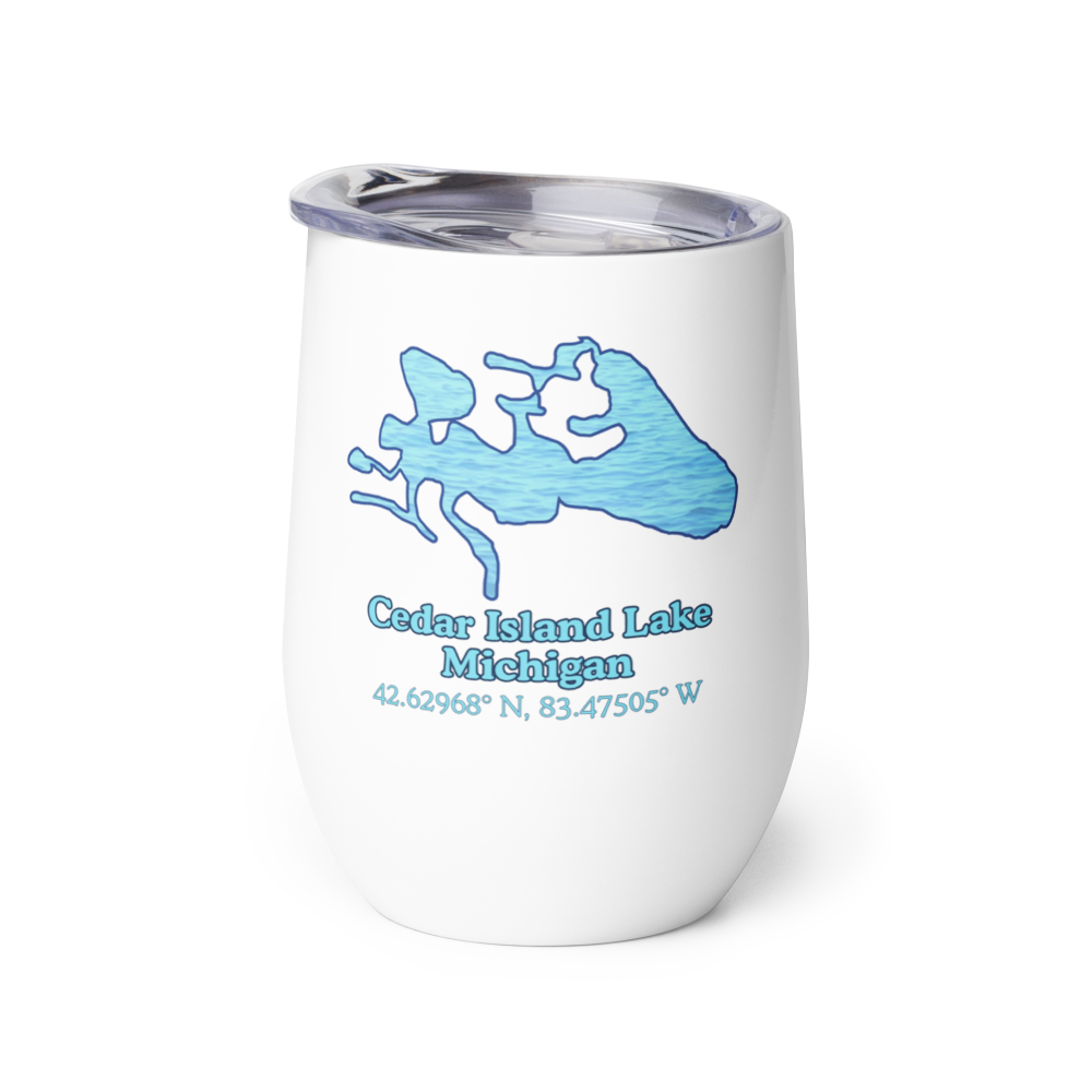 Wine tumbler with Cedar Island Lake and We Lake You on other side