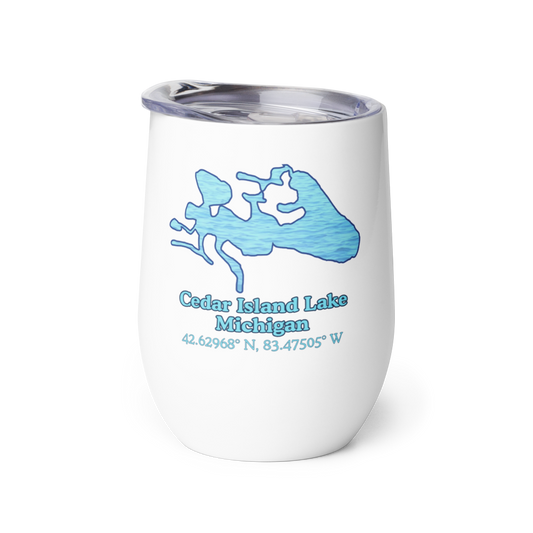 Wine tumbler with Cedar Island Lake and We Lake You on other side