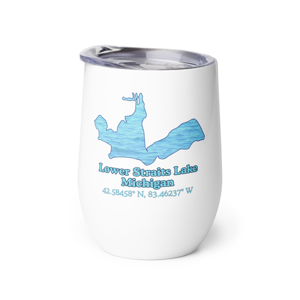 Wine tumbler with Lower Straits Lake and We Lake You on other side