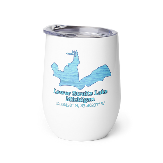 Wine tumbler with Lower Straits Lake and We Lake You on other side