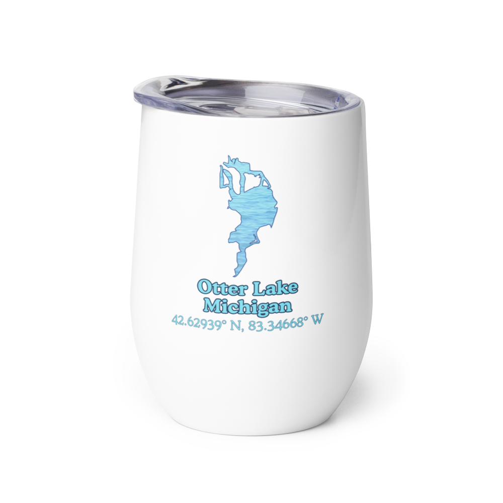 Wine tumbler with Otter Lake and We Lake You on other side