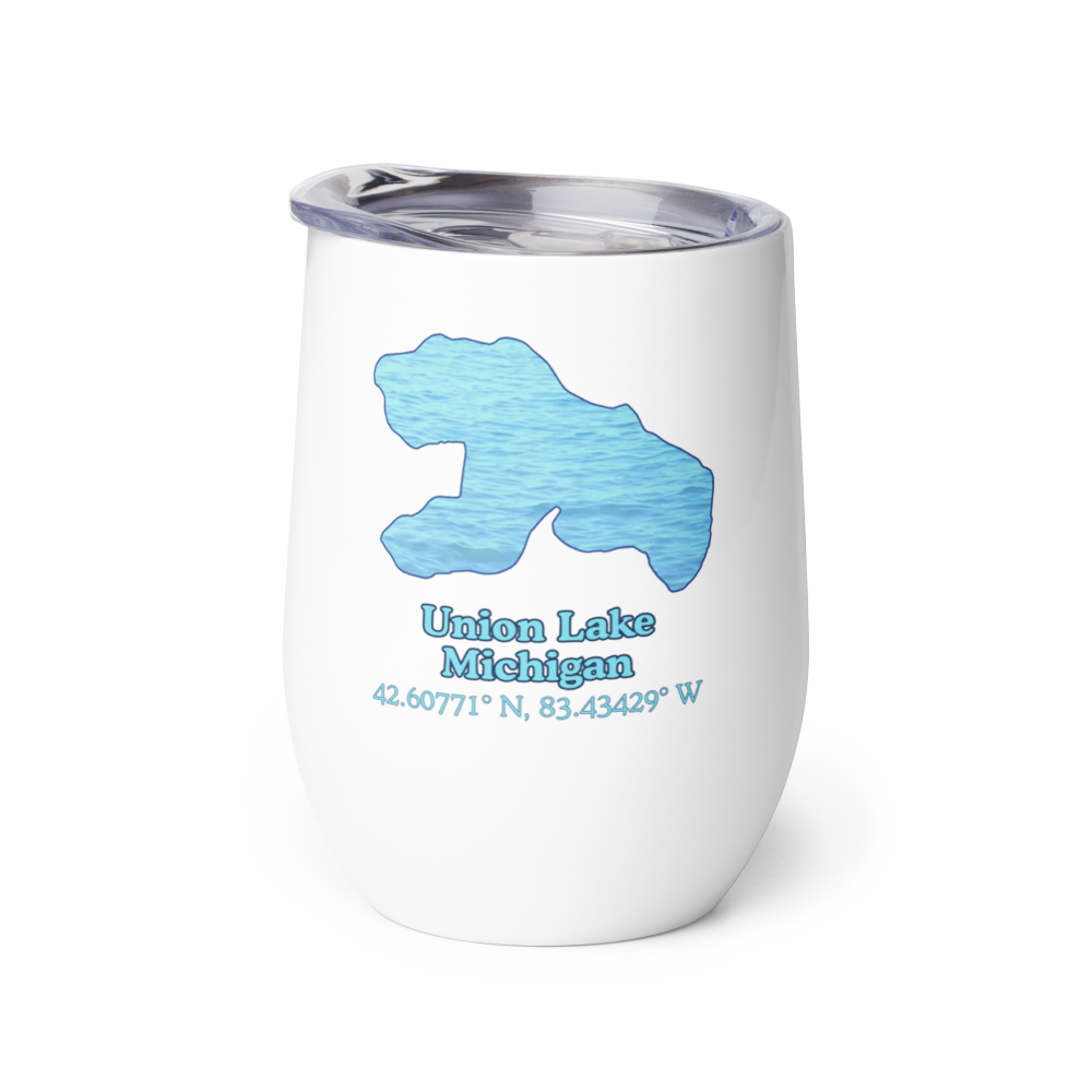 Wine tumbler with Union Lake and We Lake You on other side