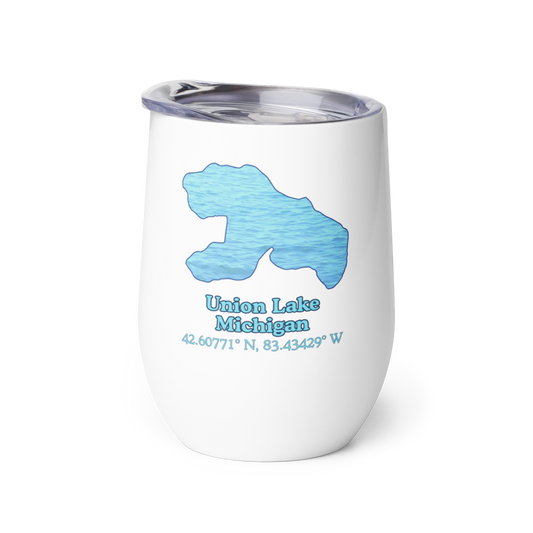 Wine tumbler with Union Lake and We Lake You on other side