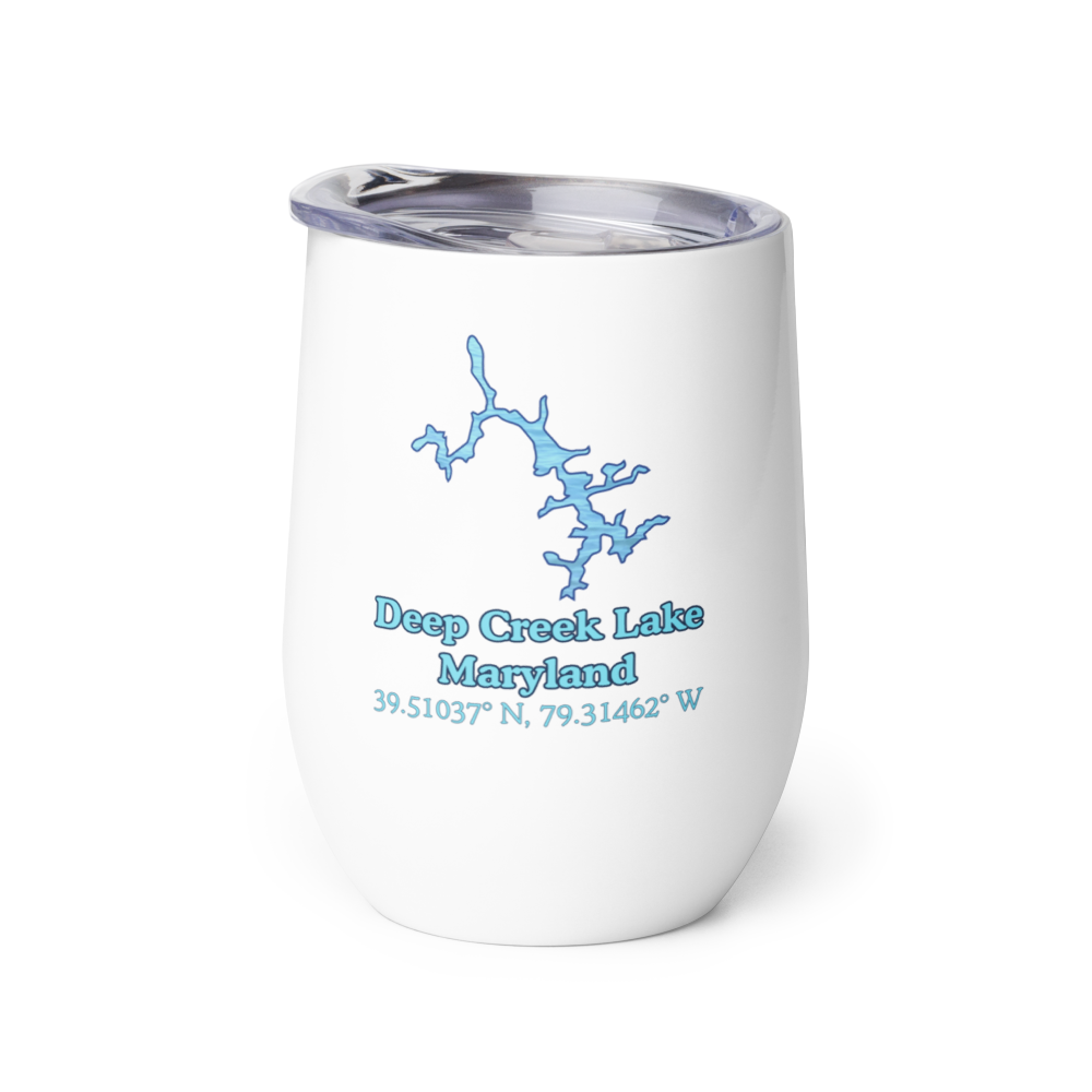 Wine tumbler with Deep Creek Lake and We Lake You on other side