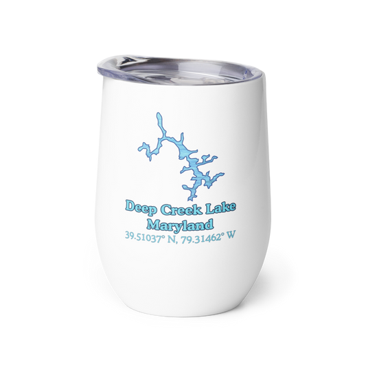 Wine tumbler with Deep Creek Lake and We Lake You on other side