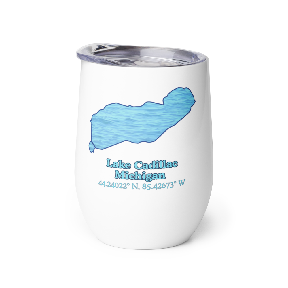 Wine tumbler with Lake Cadillac and We Lake You on other side