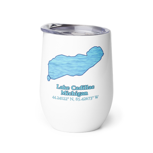 Wine tumbler with Lake Cadillac and We Lake You on other side