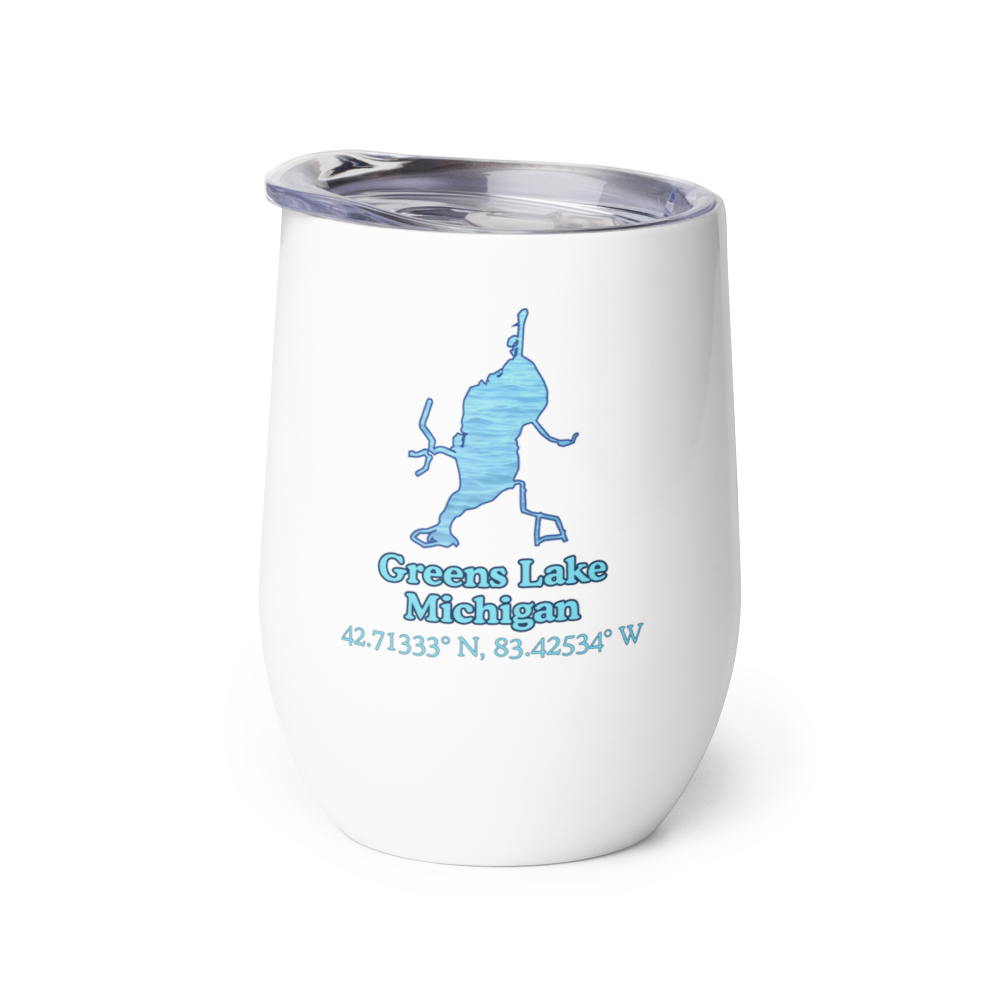 Wine tumbler with Greens Lake and We Lake You on other side