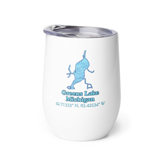 Wine tumbler with Greens Lake and We Lake You on other side